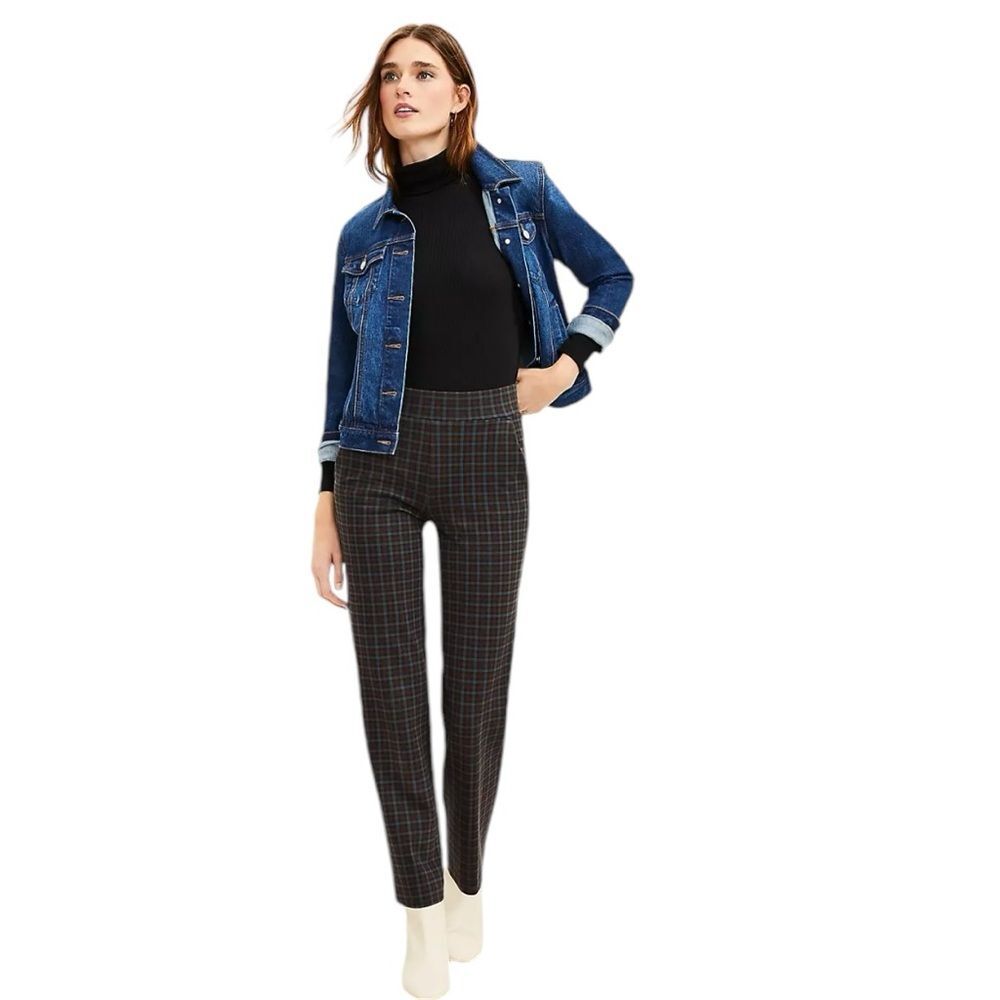 Loft Pull On Straight Pants in Plaid Ponte Womens Size XXLT Black Brown Gray